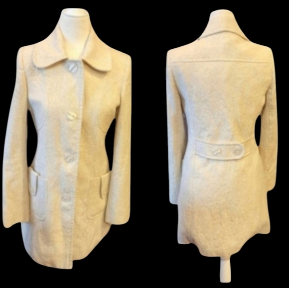 Vtg cream metallic thread fitted long lightweight Fitted Demure Trenchcoat Sz S - Picture 1 of 13